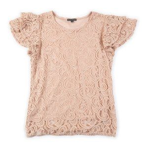 ADRIANNA PAPELL nude tan lace overlay top with petal sleeve size L